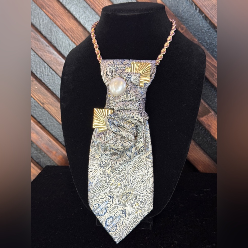 Art Deco- Inspired -Upcycled Silk Tie with Gold & Pearl Accents